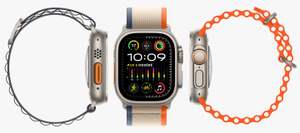 Trois Apple&nbsp;Watch Ultra présentant les différents styles de bracelet.