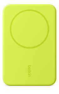 Belkin BoostCharge Pro Magnetic Power Bank, front, rectangular shape with rounded corners, circular charge pad at top, Belkin logo at bottom