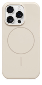 Beats iPhone 16 Pro Case with MagSafe in Summit Stone, attached to iPhone 16 Pro White finish, seen through camera cut out.