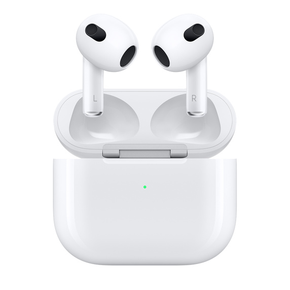 Front view of AirPods (3rd generation) above an open Charging Case, fully charged.