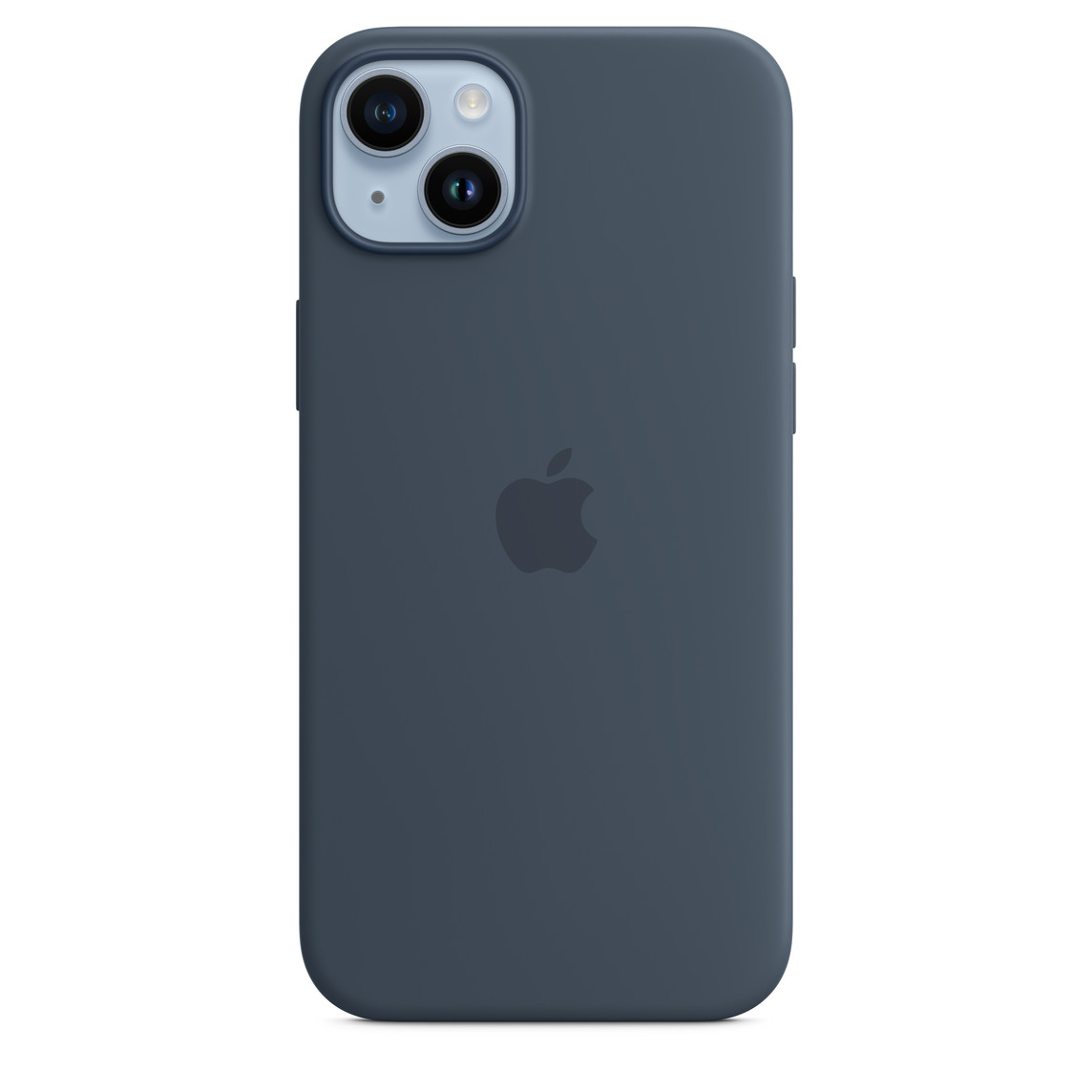 iPhone 14 Plus Silicone Case with MagSafe in Storm Blue with iPhone 14 Plus in Blue.