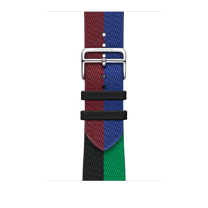 Rouge H and Bleu Saphir (colorblocked with brown, navy, black, and emerald green stripes) Casaque Single Tour band, woven textile with silver stainless steel buckle