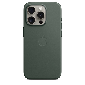 iPhone 15 Pro FineWoven Case with MagSafe in Evergreen, embedded Apple logo in centre, attached to iPhone 15 Pro Natural Titanium finish, seen through camera cut-out.