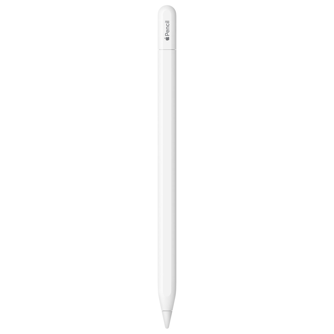 Apple Pencil (USB-C) en blanc, Apple Pencil gravé sur le capuchon, le mot Apple étant représenté par son logo