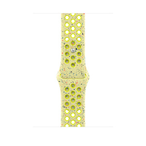 Volt Splash (yellow) Nike Sport Band, smooth fluoroelastomer with perforations for breathability and pin-and-tuck closure.