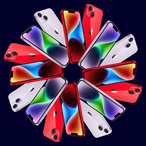 iPhone 14 devices arranged in a beautiful snowflake pattern.