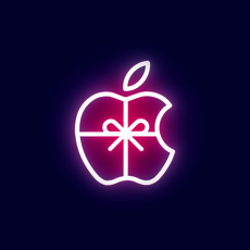 A gift-wrapped Apple logo glows red.