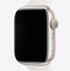 Aluminum case, matte finish, edge-to-edge display, rounded corners, Digital Crown dial, side button