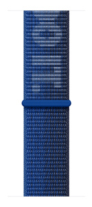 Apple Watch with Game Royal and Midnight Navy Nike Sport Loop band, showing interior woven nylon, exterior of Game Royal and Midnight Navy Nike Sport Loop band, woven nylon with Just Do It slogan and hook-and-loop closure