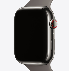 Stainless Steel case, polished finish, edge-to-edge display, rounded corners, Digital Crown dial, side button