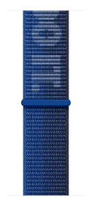 Apple Watch with Game Royal and Midnight Navy Nike Sport Loop band, showing interior woven nylon, exterior of Game Royal and Midnight Navy Nike Sport Loop band, woven nylon with Just Do It slogan and hook-and-loop closure