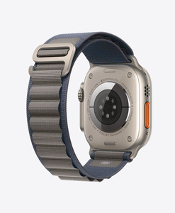 Back of Apple Watch Ultra Titanium Case with Blue Alpine Loop band, woven textile with titanium G-hook closure and loops
