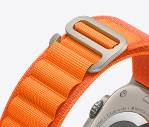 Exterior of Orange Alpine Loop strap, titanium G-hook closure, woven textile with loops