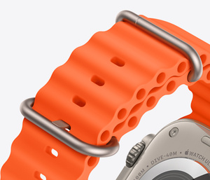 Exterior of Orange Ocean Band, tubular fluoroelastomer rubber with titanium buckle