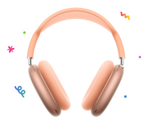 AirPods Max, surrounded with multi-coloured confetti