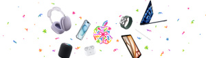 Wrapped in a red and pink bow, the Apple logo, made up of confetti, squiggles and dots in different hues of red, pink, blue, orange and green, surrounded with streaming multi-coloured confetti and Apple Products: AirPods Max, HomePod, iPhone 15, AirPods Pro 2 Apple Watch SE, iPad Air, Apple Pencil (2nd generation), MacBook Air