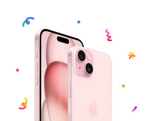 iPhone 15, surrounded with multi-coloured confetti