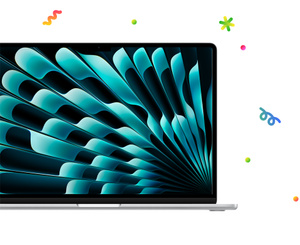 MacBook Air, surrounded with multi-coloured confetti