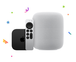Apple TV 4K and HomePod, surrounded with multi-coloured confetti