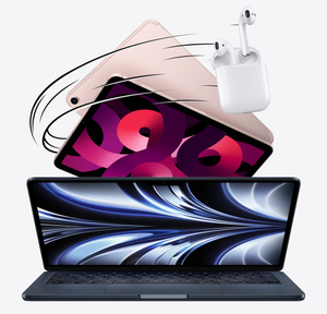 Imagem da parte da frente do MacBook Pro, com uma tela de iPad, parte de tr&aacute;s do iPad e AirPods girando em segundo plano.