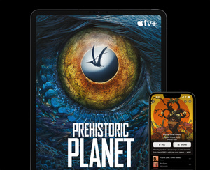 Front view of iPad featuring Apple TV+ content and iPhone featuring Apple Music content.