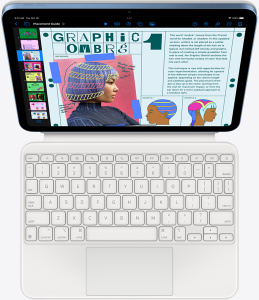 Top down view of iPad with Magic Keyboard Folio showing the 14-key function row, keys, built-in trackpad.