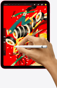 Portrait view, iPad displays colorful illustration, hand holds first generation Apple Pencil.