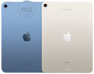 Engraveable area on the back, Apple logo. Blue iPad engraving has initials and bunny emoji, Starlight iPad Air engraving reads “This iPad belongs to Chris”