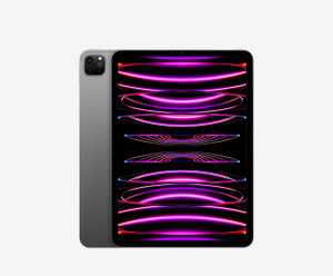 Partial back view of 11-inch iPad Pro in Space Gray showing the advanced camera system, and full front view displaying a colorful wallpaper design.