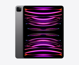 Partial back view of 12.9-inch iPad Pro in Space Gray showing the advanced camera system, and full front view displaying a colorful wallpaper design.