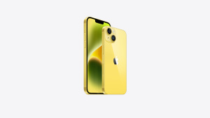 Angled view of iPhone 14 Plus and back view of iPhone 14 in yellow.