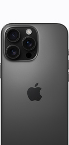 Parte de tr&aacute;s do iPhone 16 Pro Max em tit&acirc;nio preto com sistema de c&acirc;mera Pro e o logotipo da Apple no centro.