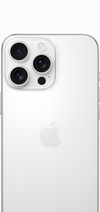 Parte de tr&aacute;s do iPhone 16 Pro Max em tit&acirc;nio branco com sistema de c&acirc;mera Pro e o logotipo da Apple no centro.