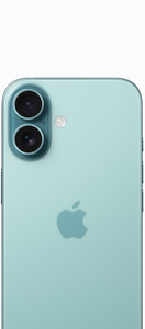 Parte de tr&aacute;s do iPhone 16 na cor verde-acinzentada mostrando o sistema avan&ccedil;ado de c&acirc;mera dupla e o logotipo da Apple no centro.