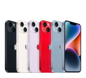 Angled view of all five colours of iPhone 14 including midnight, purple, starlight, (PRODUCT)RED and blue, plus an angled front view in blue.