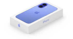 New iPhone 16, box top exterior displays the iPhone back exterior, Ultramarine finish, short side of box displays colour-matching Apple Logo and long side of box displaying colour-matching text reading iPhone