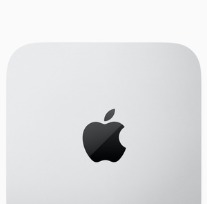 Top-down view of Mac mini with the Apple logo in the centre.