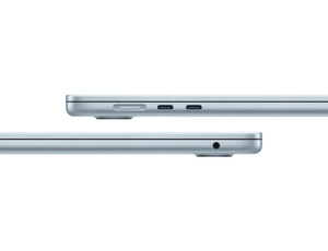 Side exterior, 15-inch MacBook Air, thin profile, headphone jack on right side, MagSafe and two USB-C ports on left side, Sky Blue color