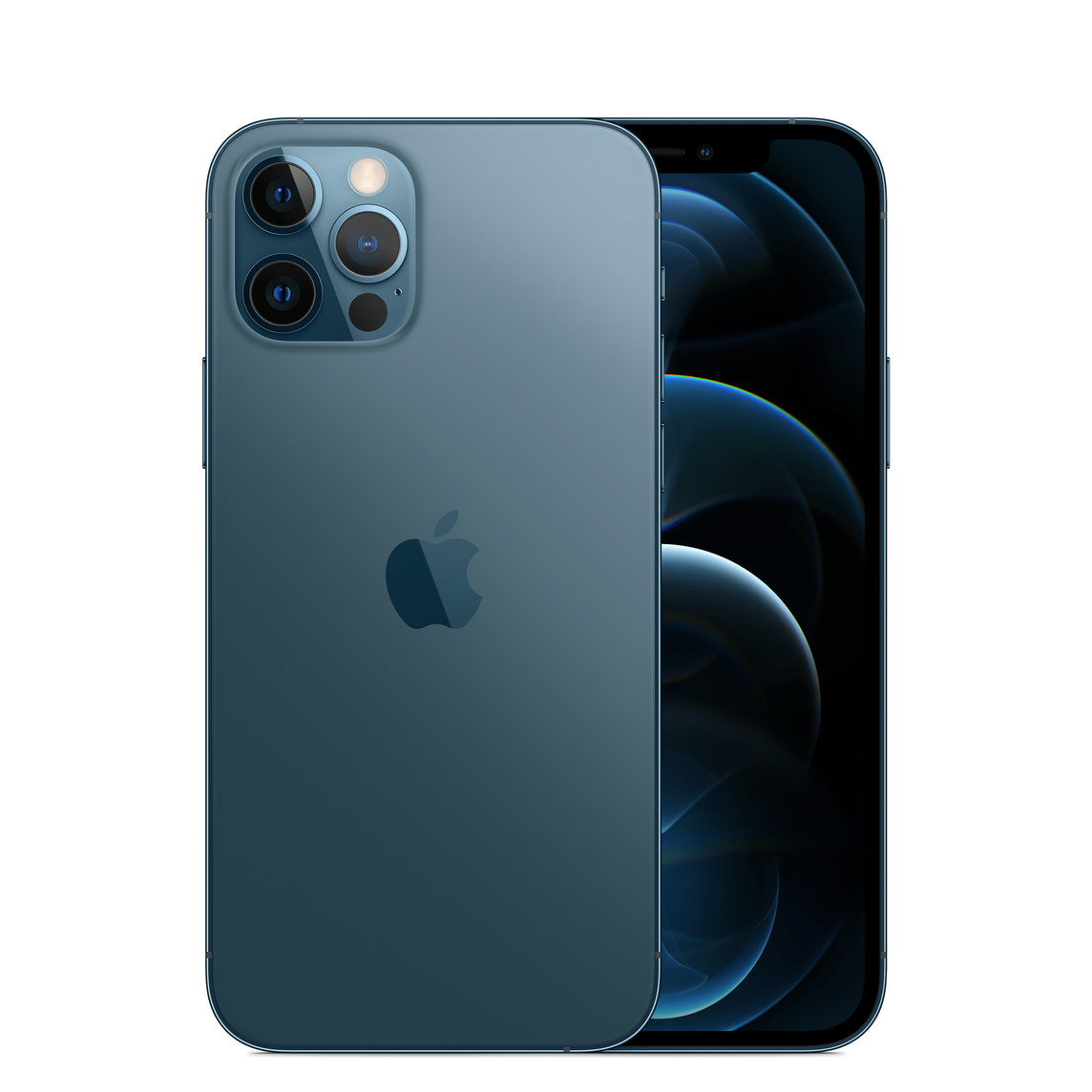 Vue arrière d’un iPhone 12 Pro bleu. Le système caméra Pro avec flash True Tone est visible sur l’arrière, et l’écran intégral sur l’avant.