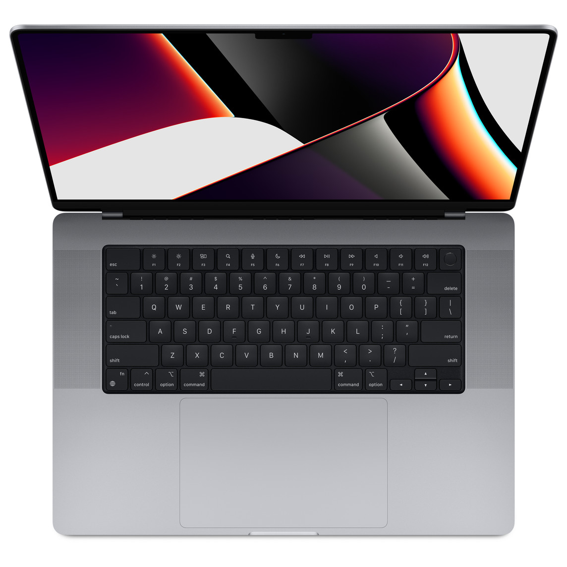 MacBook Pro, open top, display, keyboard with full height function key row and circular Touch ID button, trackpad, Space Gray
