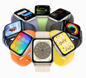 Apple Watch models arranged in a circle.