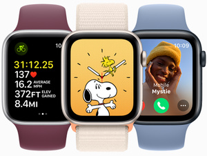 Apple Watch models arranged in a circle.