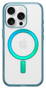 iPhone 16 Pro Otterbox Lumen Clear Caseの背面。透明なデザイン。iPhoneの縁とAppleのロゴを囲むMagSafeの中央に緑色のアクセントが入っている。ホワイトチタニウムの仕上げのiPhone 16 Proに装着されている。