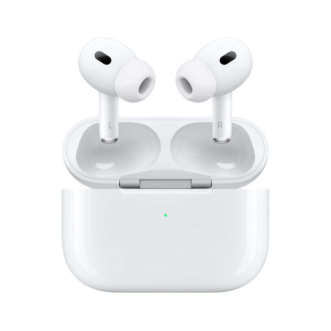 AirPods Proの内側とMagSafe充電ケース。左右のイヤーバッド。それぞれのバッドの上部にノイズキャンセリングマイクと、先端にはシリコーン製チップ。開いたMagSafe充電ケースの上部。シルバーのヒンジが装着されている。