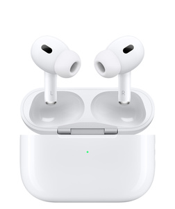 AirPods Pro 2とMagSafe充電ケース（USB-C）。シリコーン製チップの付いたイヤーバッド、外部LEDインジケータ付きケース