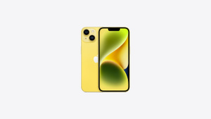 Front and back view of iPhone 14 in yellow.
