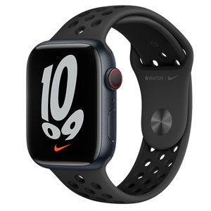 Apple Watch Nike Series 7 (GPS + 蜂窝网络)；45 毫米午夜色铝金属表壳；煤黑配黑色 Nike 运动表带