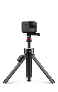 joby tripod with action camera placed in pin-joint camera mount.