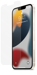 适用于 iPhone 13 或 iPhone 13 Pro 的 Belkin 防眩光屏幕保护膜位于 iPhone 正前方，准备贴到屏幕上，同时展示为 iPhone 屏幕顶部的异形凹口预设的孔位。