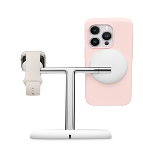 Back side of T-shaped Belkin BoostCharge Pro Stand charging iPhone on the right and Apple Watch on the left